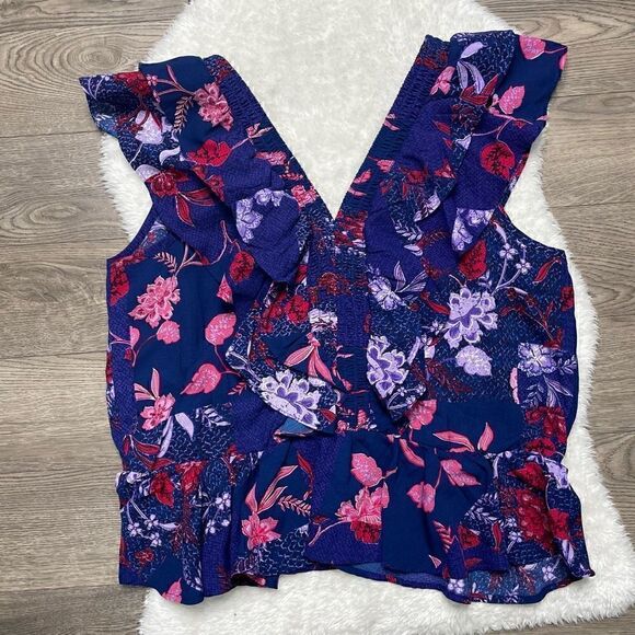 Sofia Vergara Top Womens XXL Blue Pink Floral Sleeveless Ruffle Blouse - Picture 12 of 12
